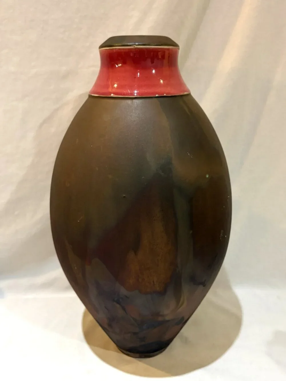 Raku Pottery Olive Shaped Vase 13.5 inch Tall with Red Glazed Collar